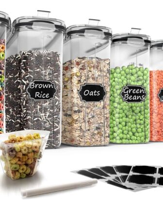 Wildone Cereal Storage Containers Set, Large BPA Free Plastic Airtight Food Storage Containers 4L for Flour, Sugar, 6 Piece Set Cereal Dispensers with 20 Labels & Marker, Black