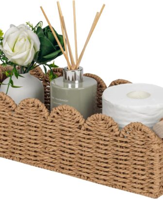 CubesLand Scalloped Toilet Paper Storage Basket W/Handle for Home Decor | Paper Rope Toilet Organizer Basket for Countertop, Over Toilet Shelf, End Table, Living Room, Bedroom Decor & More, Neutral