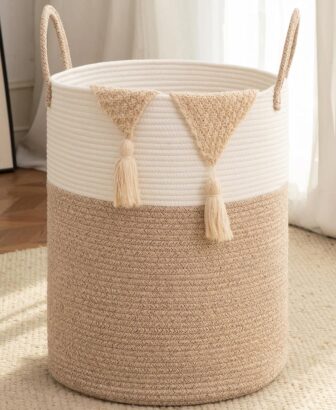 OIAHOMY Large Laundry Basket Hamper - 60L Cotton Rope Woven Basket for Blankets, Toys, Clothes - Tall Decorative Nursery Hamper with Long Handles, Brown/White