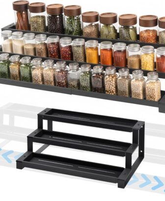 3-Tier Spice Rack Organizer for Kitchen Cabinet or Pantry, 16"-29" Expandable Spice Organization Shelf, Seasoning Organizer, Metal Display Shelf, Slip-Resistant Design for Jars and Bottles, Black